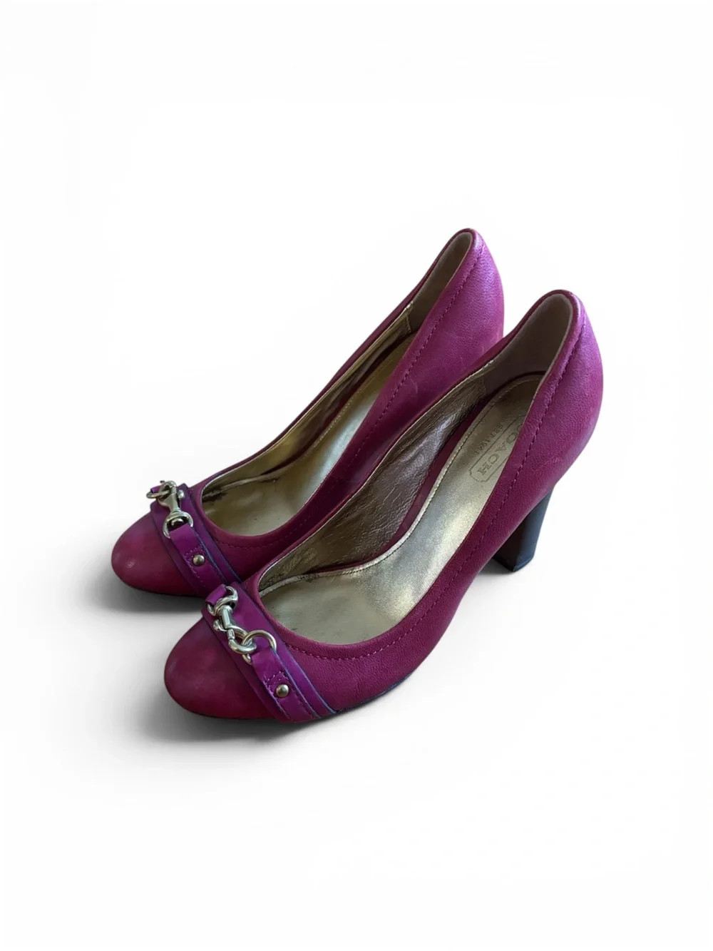 Women's Fuchsia Coach Vintage Gold Accent Mid Heel Pumps